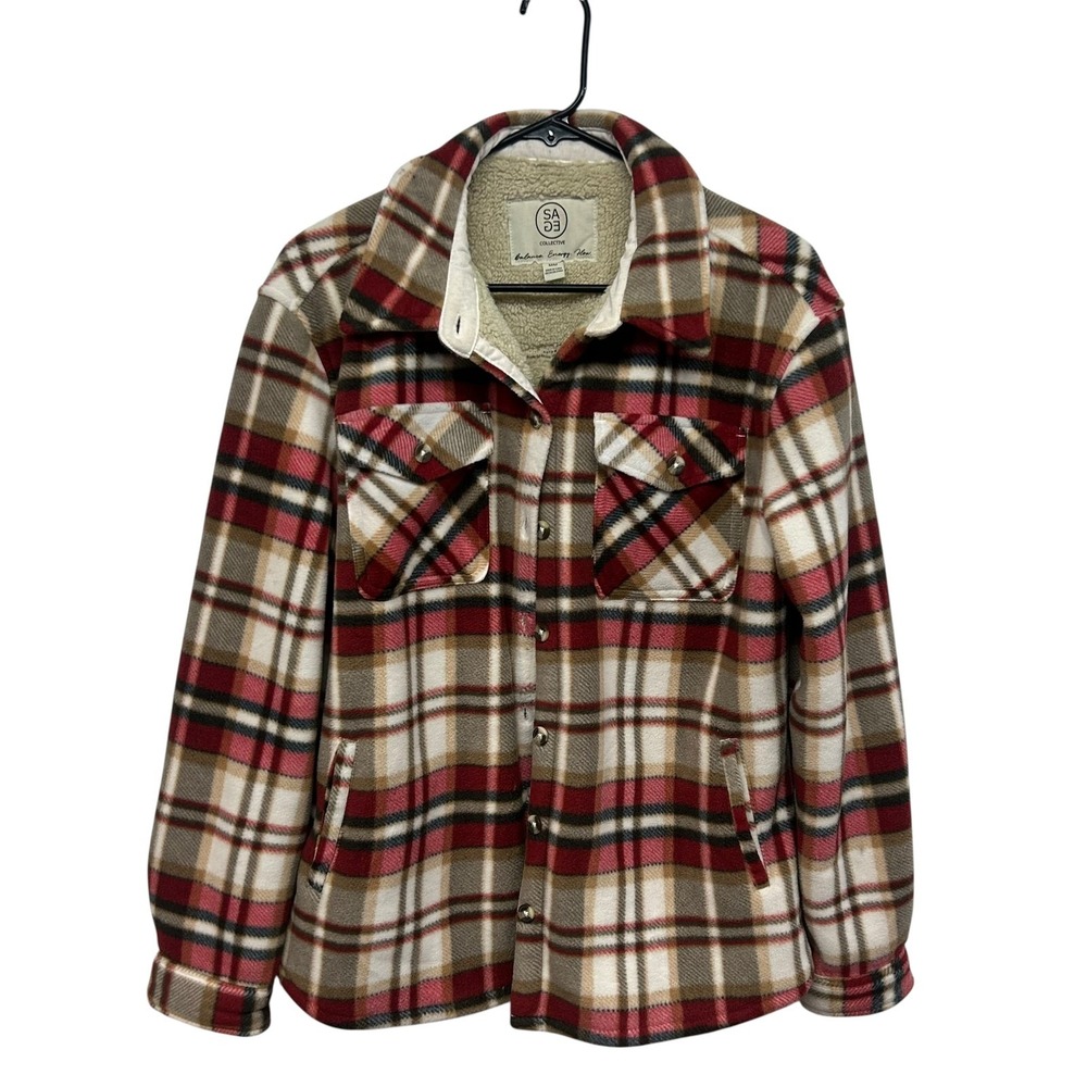 Thick Sherpa Lines Plaid Fleece Shacket Jacket M Red Tan Cabincore Rustic Gorp